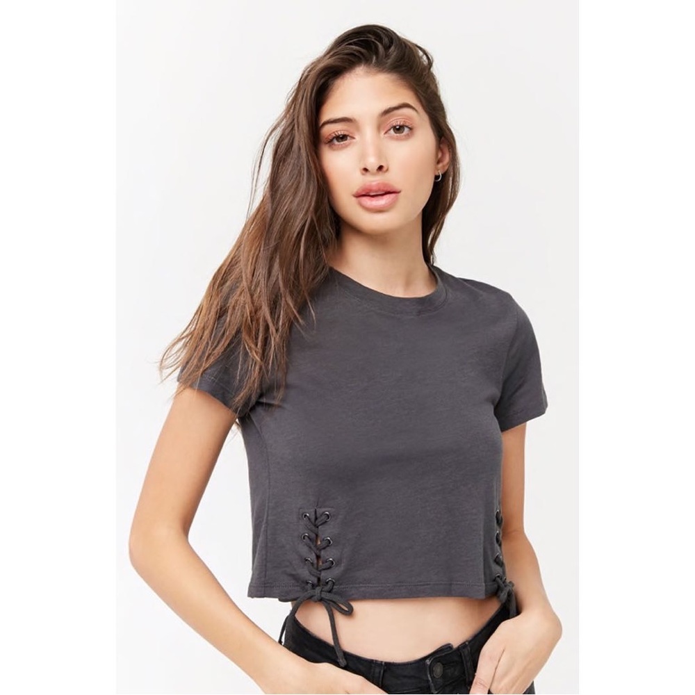 Forever 21 Gray Slub Knit Lace-Up Tee Size XL